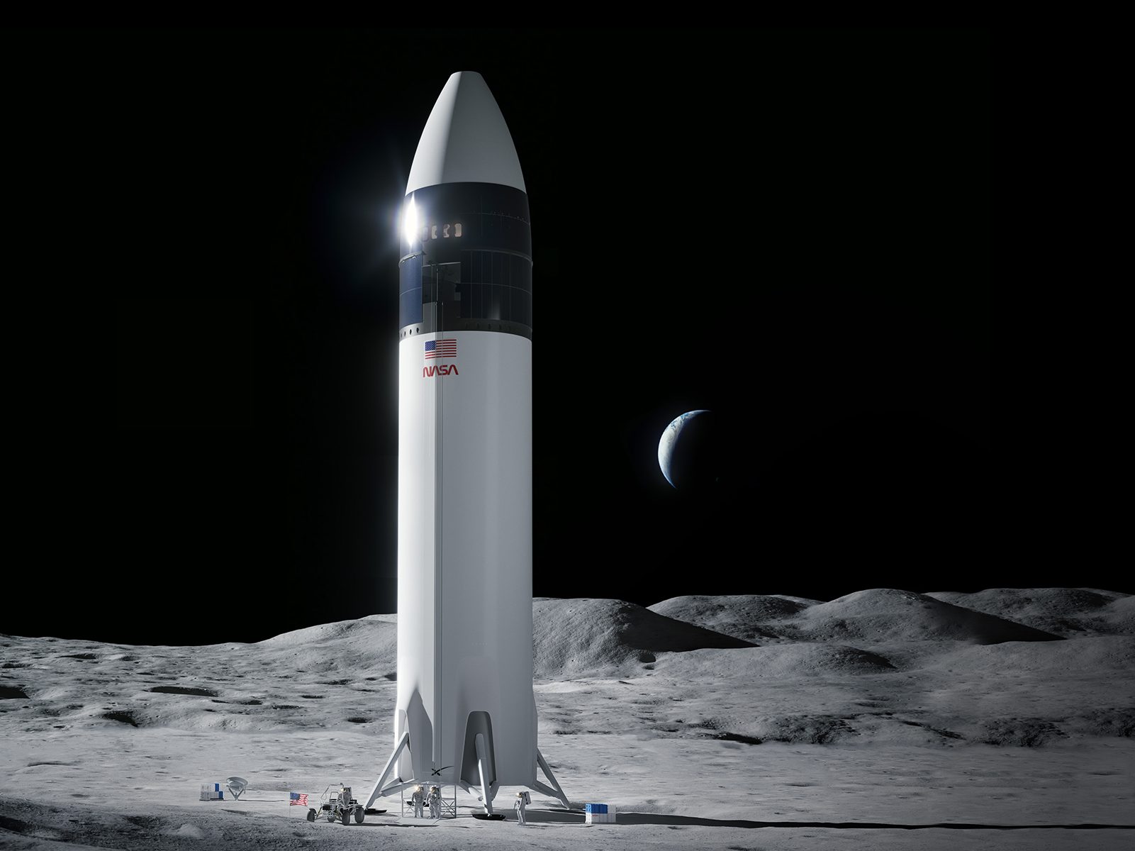Artemis III e successive faranno uso della Moonship di SpaceX per le operazioni di atterraggio e di superficie. Crediti: SpaceX