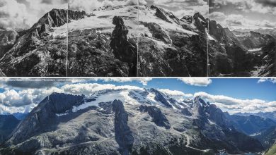 In questa panoramica vediamo 100 anni di ritiro dei ghiacci sulla Marmolada