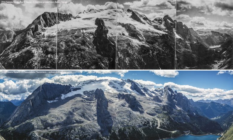 In questa panoramica vediamo 100 anni di ritiro dei ghiacci sulla Marmolada