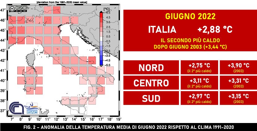 Anomalia di temperatura in Italia nel giugno 2022