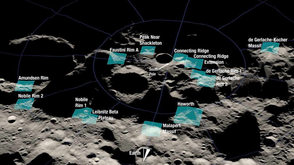 Queste sono le 13 aree candidate per l'allunaggio di Artemis III. Crediti: NASA