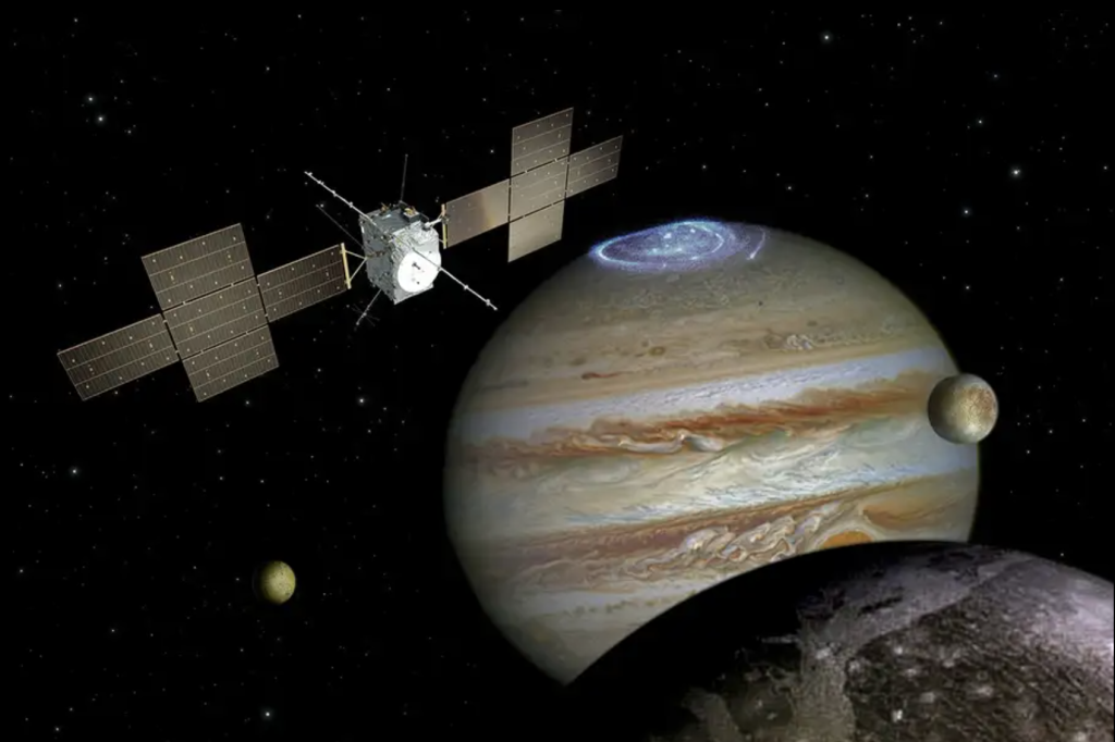 Illustrazione artistica della sonda JUICE e degli obiettivi della sua missione: Giove, Ganimede, Europa e Callisto