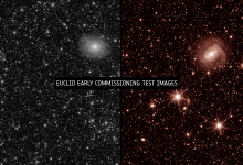 Composizione che mostra le prime immagini scattate dal telescopio spaziale Euclid. A destra con lo strumento VIS, a sinistra con lo strumento NISP. Le immagini mostrano migliaia di galassie lontane e debolissime.