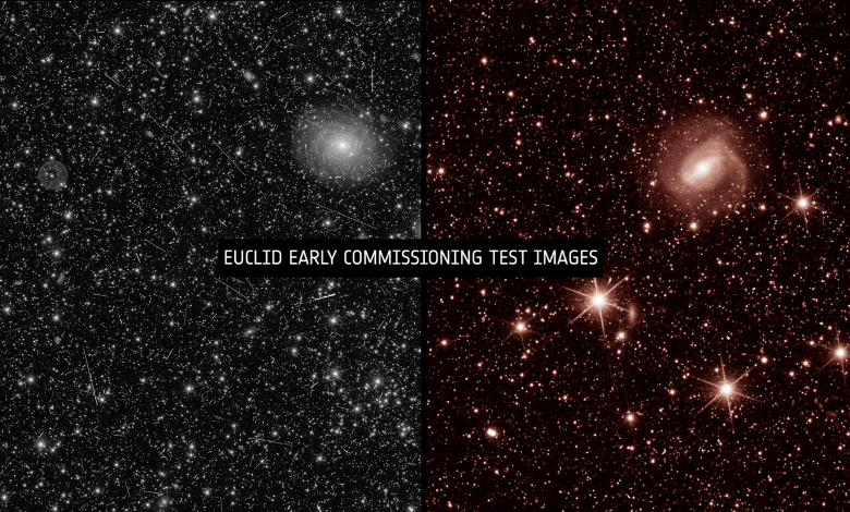 Composizione che mostra le prime immagini scattate dal telescopio spaziale Euclid. A destra con lo strumento VIS, a sinistra con lo strumento NISP. Le immagini mostrano migliaia di galassie lontane e debolissime.