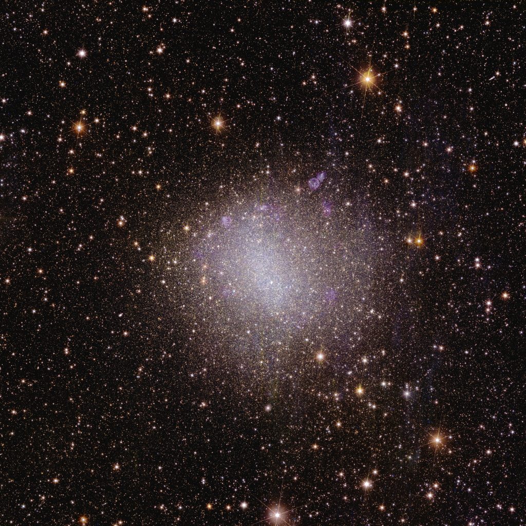 Fotografia realizzata da Euclid di NGC 6822, una galassia irregolare come molte altre, a circa 1,6 milioni di anni luce di distanza. Galassie come questa sono i mattoni fondamentali delle galassie più grandi, come la nostra.