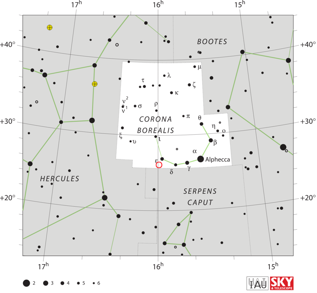 Carta stellare che mostra la posizione della stella T CrB nella relativa costellazione.