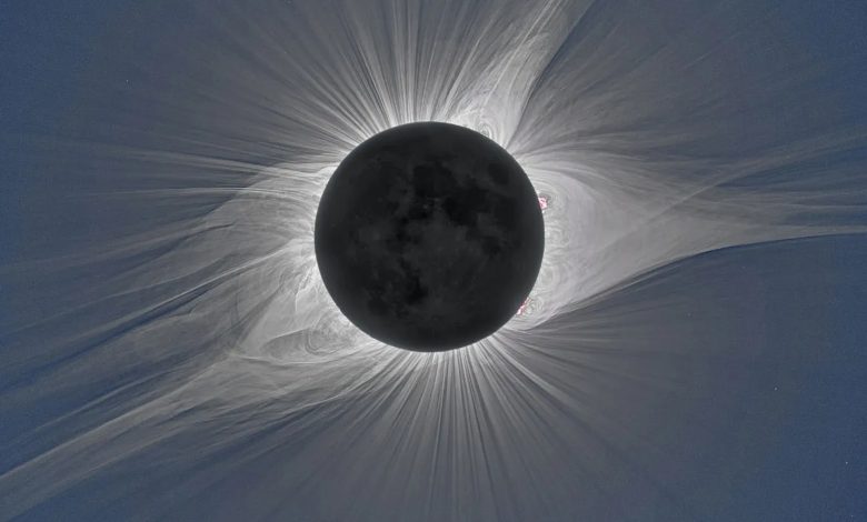 Una fotografia dell'eclissi totale del 21 agosto del 2017 che mostra la corona solare e la sua complessità.